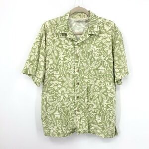 LL Bean Men Size Medium Shirt Button Down Top Short Sleeve Green Hawaiian Print